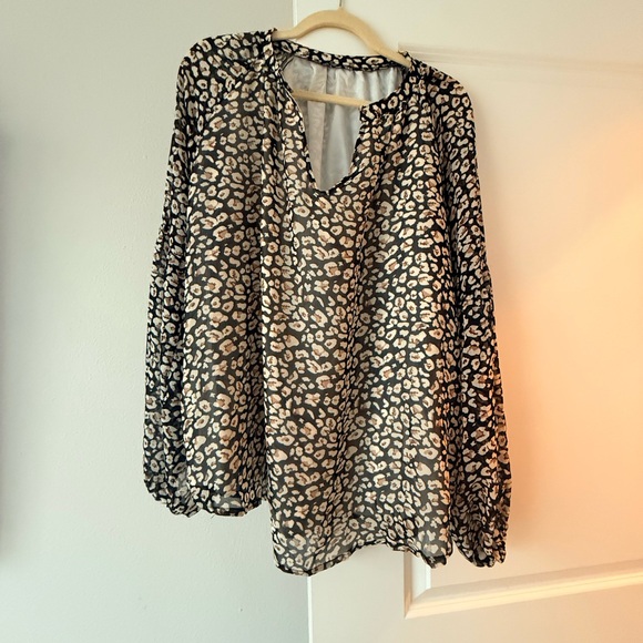 Tops - Women's Black and Cream Leopard Print Blouse